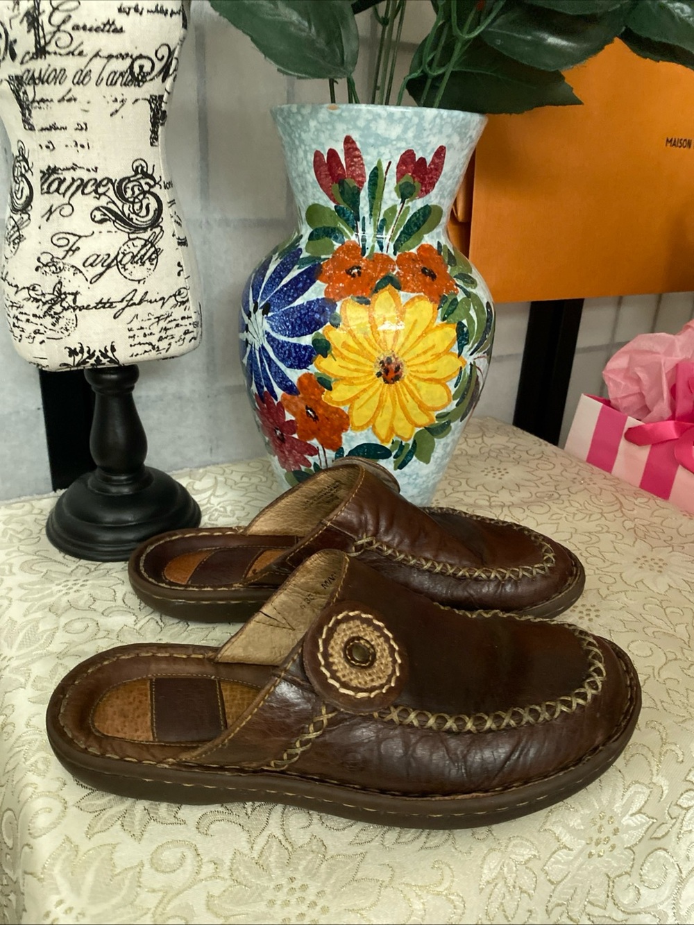 Born VTG 90s Wom 6/36 Hand Stitched Leather Mini Platformed Flats Slides Mexico - Picture 6 of 15